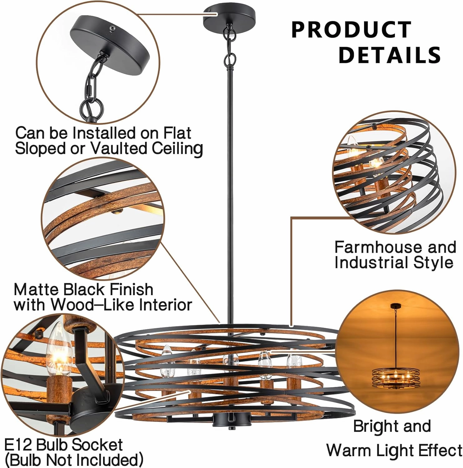 Bargeni Chandeliers,20 Inch Dining Room Light Fixture,Matte Black Dining Room Chandelier with Wood-Like Interior,5-Light Farmhouse Chandelier for Kitchen Island,Living Room,Foyer,Stairway