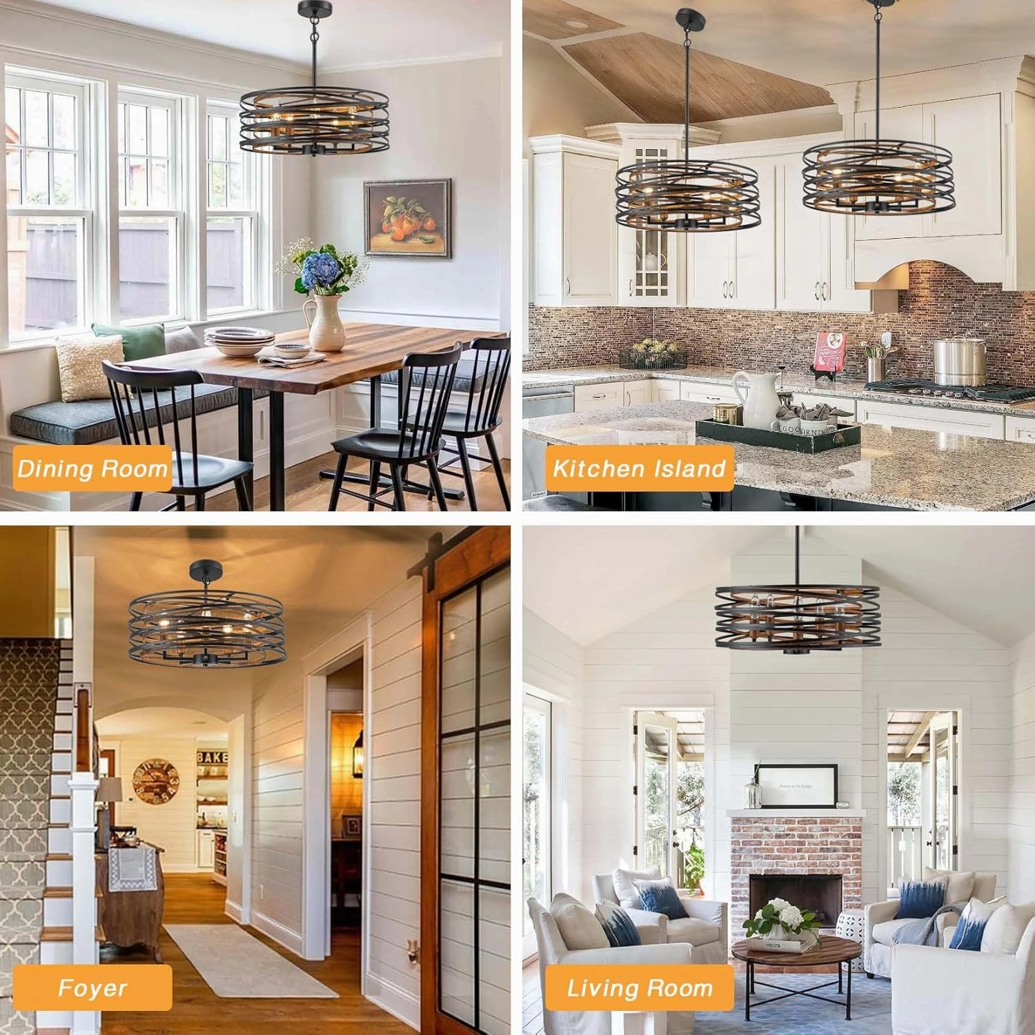 Bargeni Chandeliers,20 Inch Dining Room Light Fixture,Matte Black Dining Room Chandelier with Wood-Like Interior,5-Light Farmhouse Chandelier for Kitchen Island,Living Room,Foyer,Stairway