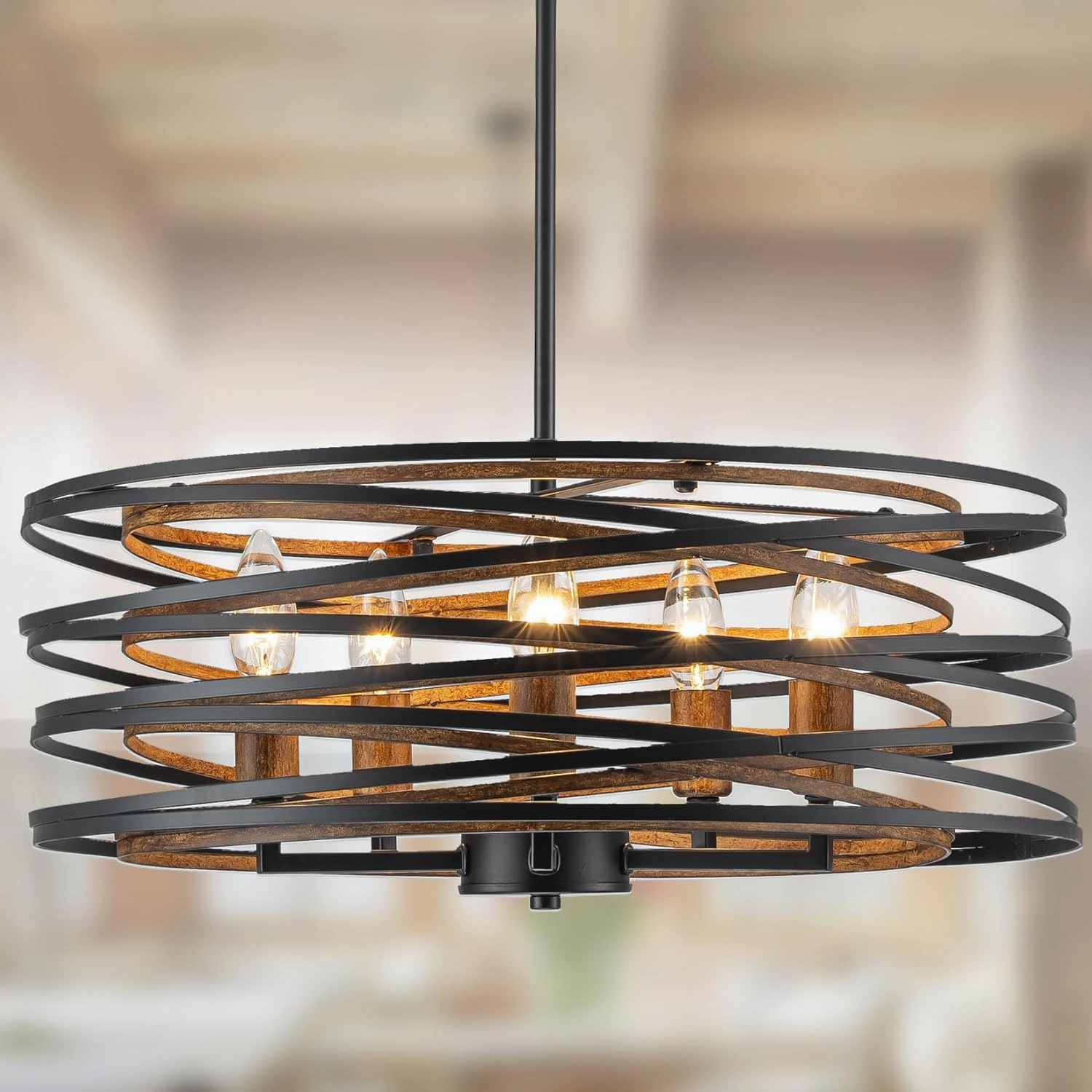 Bargeni Chandeliers,20 Inch Dining Room Light Fixture,Matte Black Dining Room Chandelier with Wood-Like Interior,5-Light Farmhouse Chandelier for Kitchen Island,Living Room,Foyer,Stairway