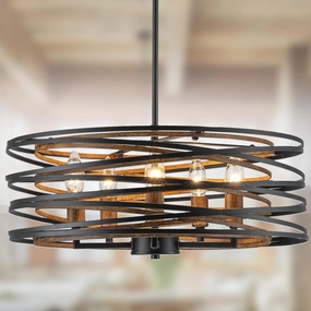 Bargeni Chandeliers,20 Inch Dining Room Light Fixture,Matte Black Dining Room Chandelier with Wood-Like Interior,5-Light Farmhouse Chandelier for Kitchen Island,Living Room,Foyer,Stairway