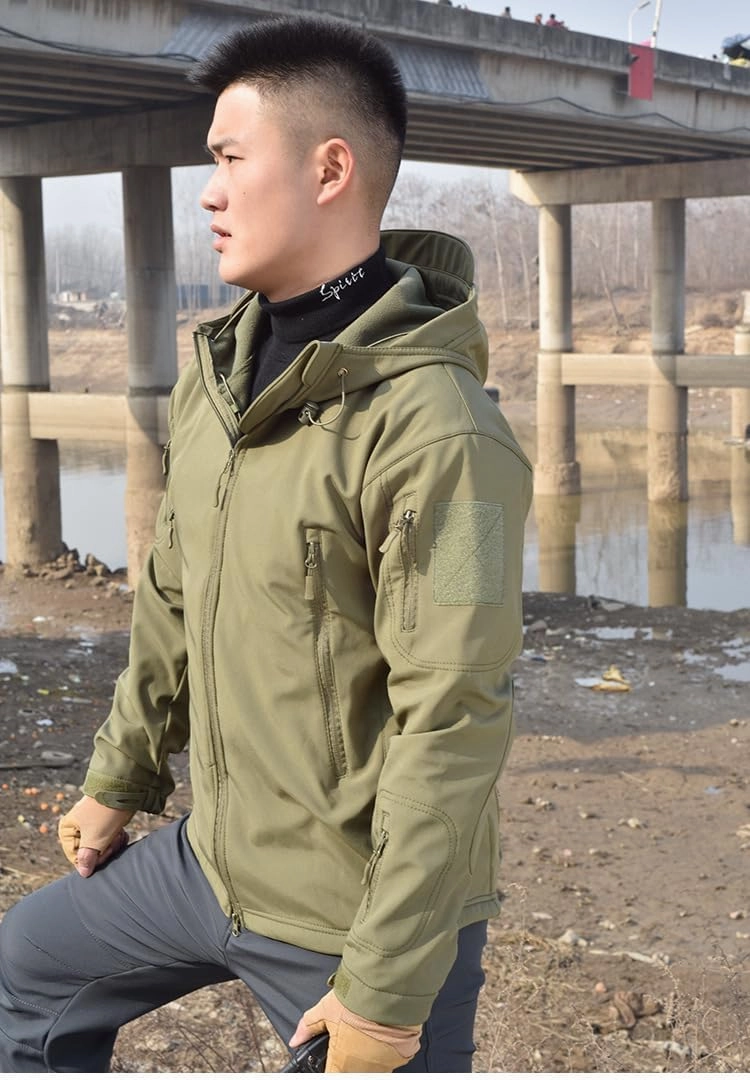 BaronHong Men's Outdoor Hiking Soft Shell Jackets Combat Hooded Coat Camping Hunting Jacket