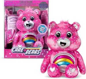 Basic Fun Care Bears Cheer Bear Collector Edition: 35 cm Care Bears Plush Toy with Bright Shiny Belly Badge, Heart Patterned Fur, Perfect for Collectors & Cuddly Toys