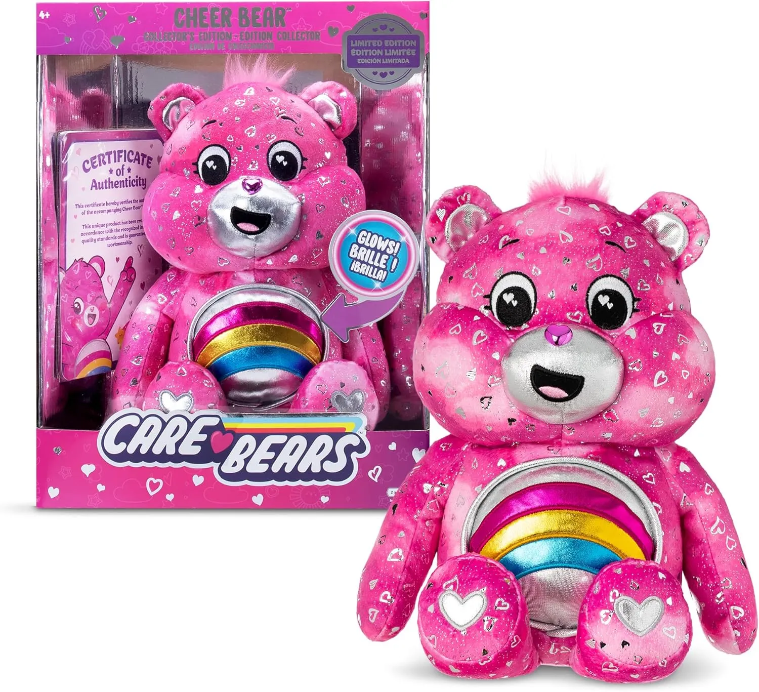 Basic Fun Care Bears Cheer Bear Collector Edition: 35 cm Care Bears Plush Toy with Bright Shiny Belly Badge, Heart Patterned Fur, Perfect for Collectors & Cuddly Toys