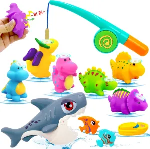 Bath Toys for Kids Ages 1-3 ,Baby Soft Dinosaurs Bath Tub Toys,11 pcs Bathtub Shark Game for Infants Toddlers, Magnetic Dino Fishing Toys Set,Mold Free Bath Toys