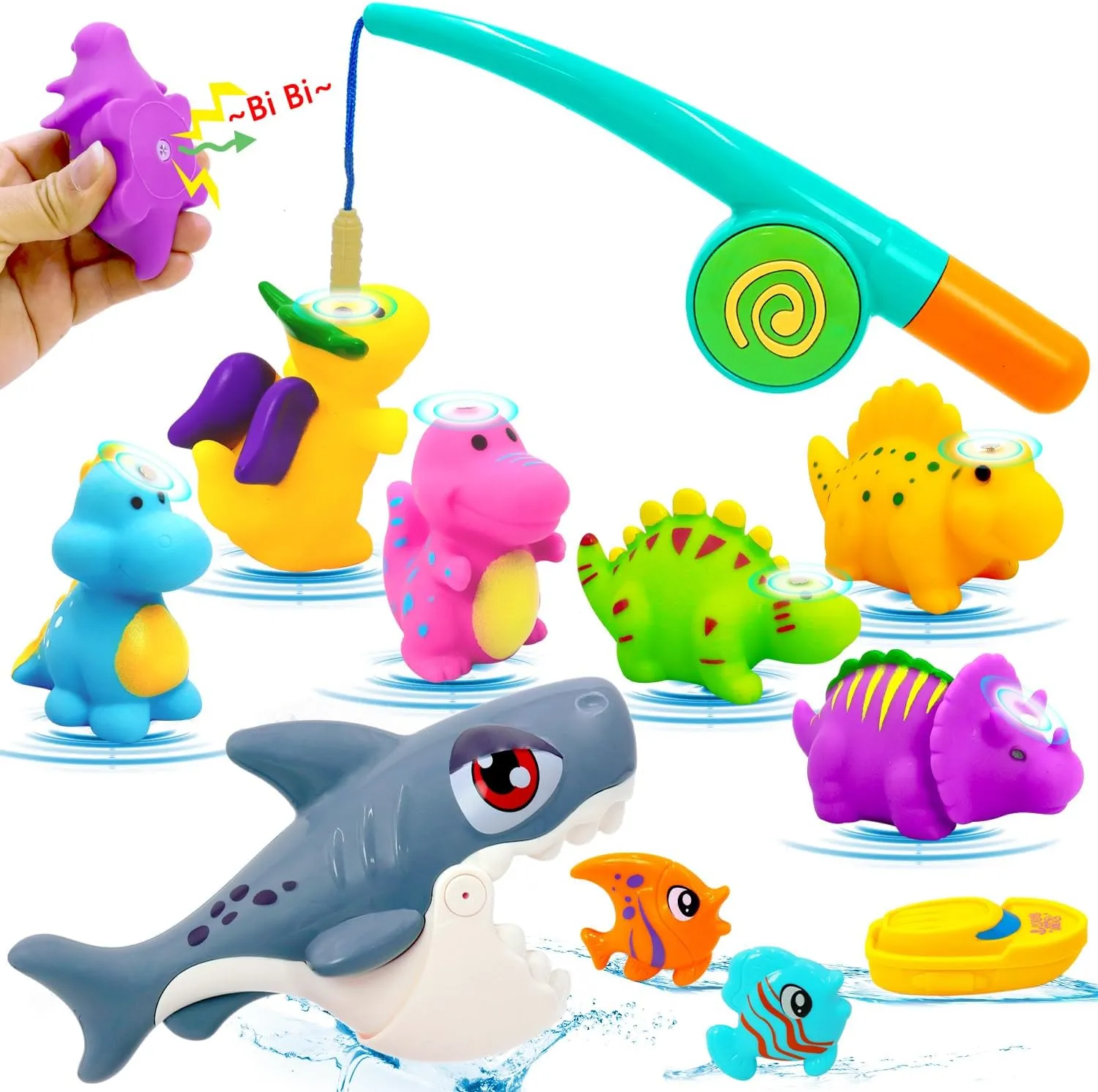 Bath Toys for Kids Ages 1-3 ,Baby Soft Dinosaurs Bath Tub Toys,11 pcs Bathtub Shark Game for Infants Toddlers, Magnetic Dino Fishing Toys Set,Mold Free Bath Toys