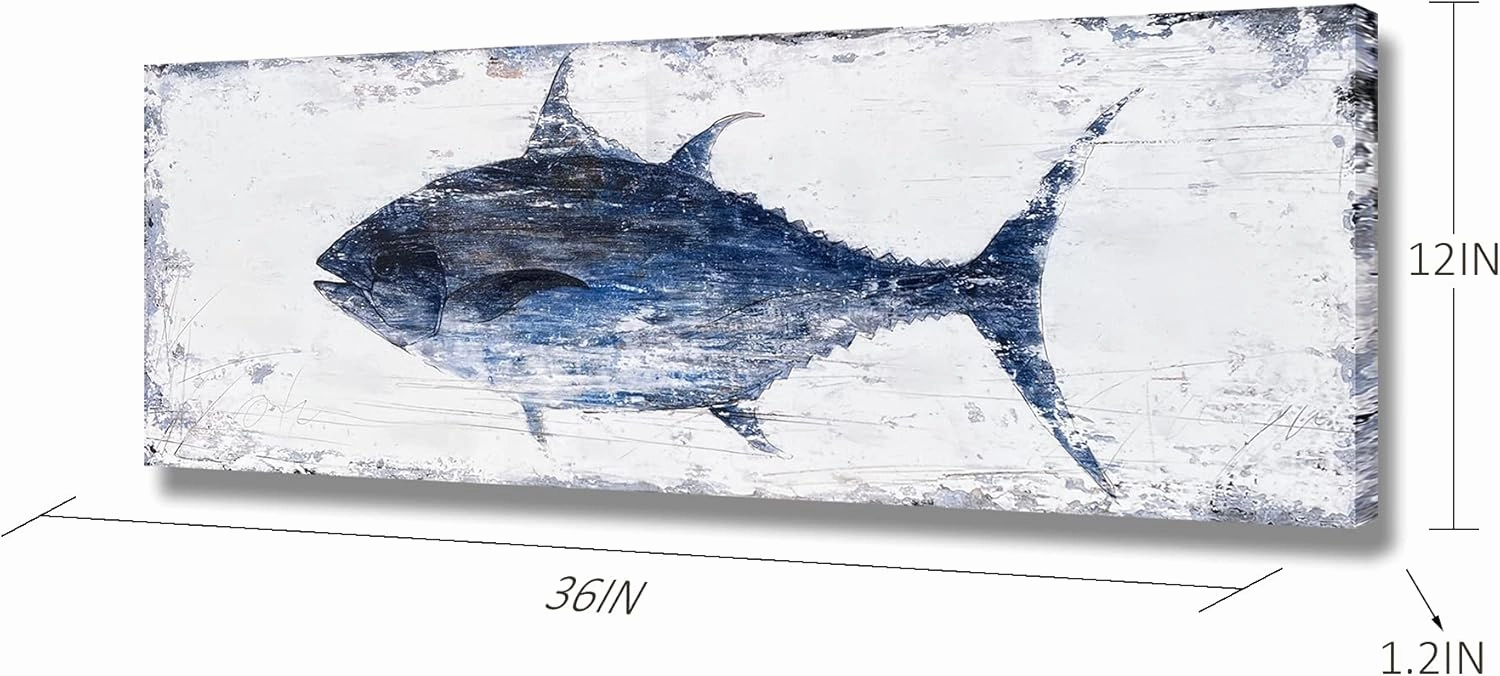 BATRENDY ARTS Tuna Picture Wall Art Navy Blue and White Fish Canvas Painting Nautical Beach Coastal Style Artwork for Bathroom Livingroom Ready to hang