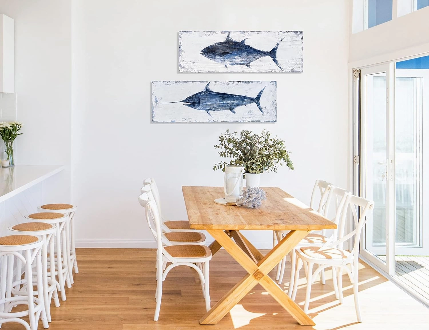 BATRENDY ARTS Tuna Picture Wall Art Navy Blue and White Fish Canvas Painting Nautical Beach Coastal Style Artwork for Bathroom Livingroom Ready to hang