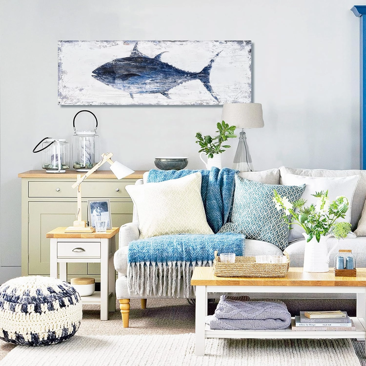 BATRENDY ARTS Tuna Picture Wall Art Navy Blue and White Fish Canvas Painting Nautical Beach Coastal Style Artwork for Bathroom Livingroom Ready to hang