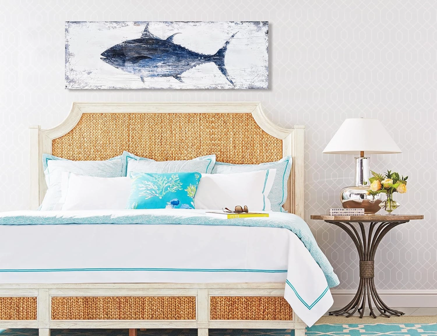BATRENDY ARTS Tuna Picture Wall Art Navy Blue and White Fish Canvas Painting Nautical Beach Coastal Style Artwork for Bathroom Livingroom Ready to hang