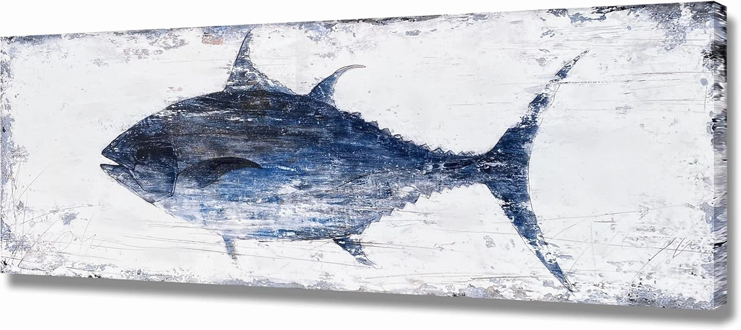 BATRENDY ARTS Tuna Picture Wall Art Navy Blue and White Fish Canvas Painting Nautical Beach Coastal Style Artwork for Bathroom Livingroom Ready to hang