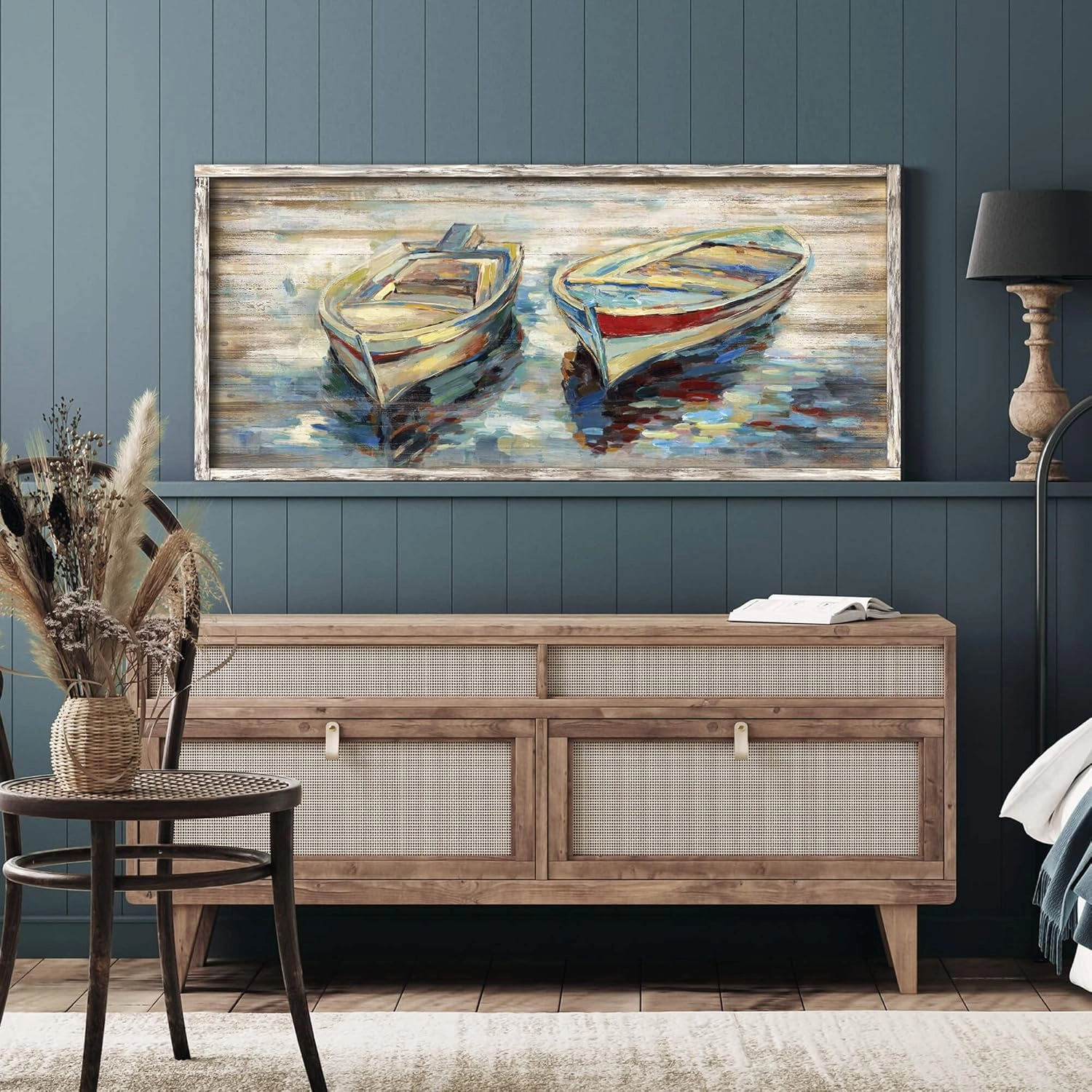 Beach Boats Framed Wall Art: Abstract Canoe Painting Hand Painted Coastal Sailing Boat Wooden Painting Modern Nautical Sail Picture Seaside Rowboat Artwork Decor for Living Room
