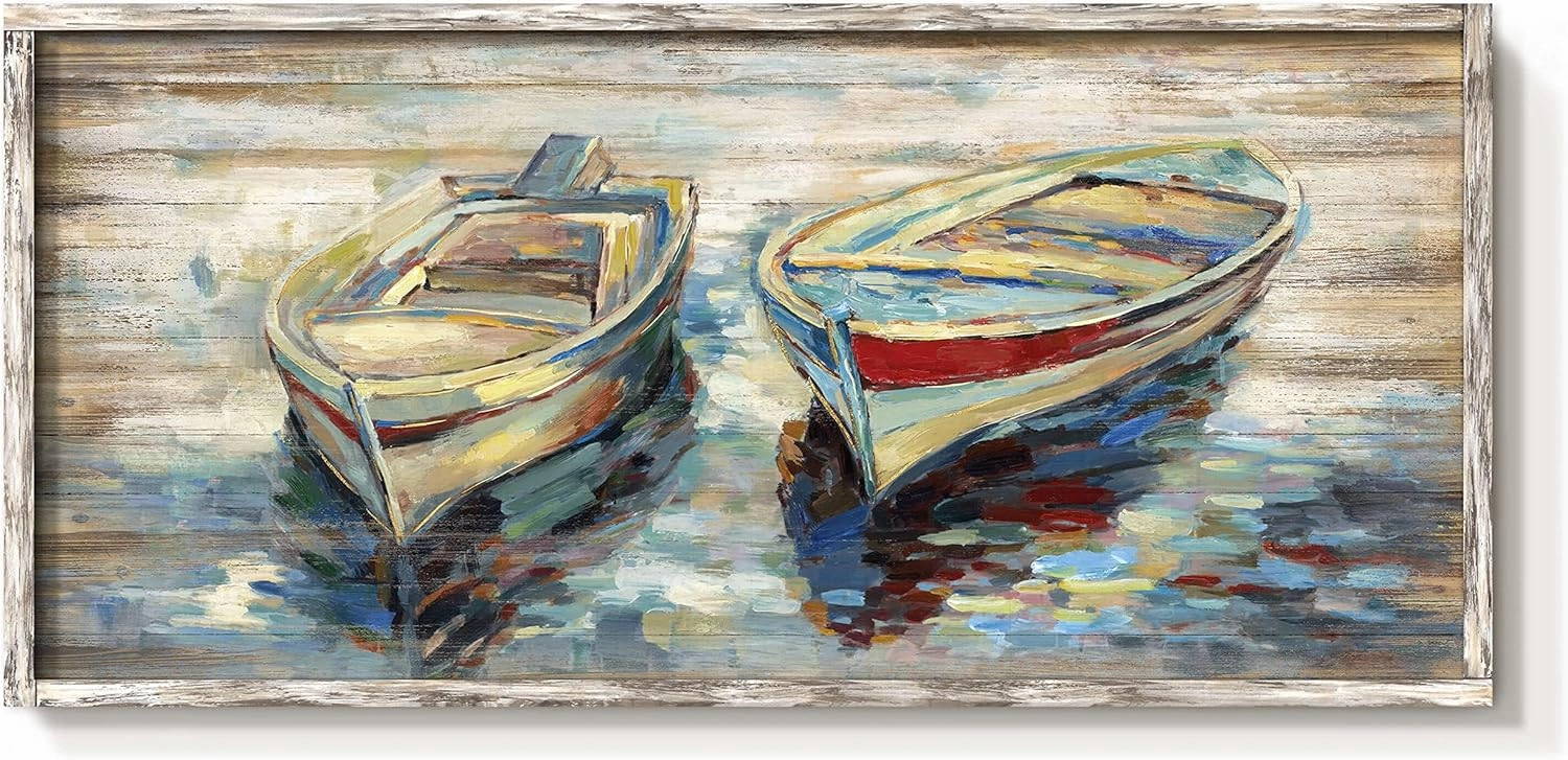 Beach Boats Framed Wall Art: Abstract Canoe Painting Hand Painted Coastal Sailing Boat Wooden Painting Modern Nautical Sail Picture Seaside Rowboat Artwork Decor for Living Room