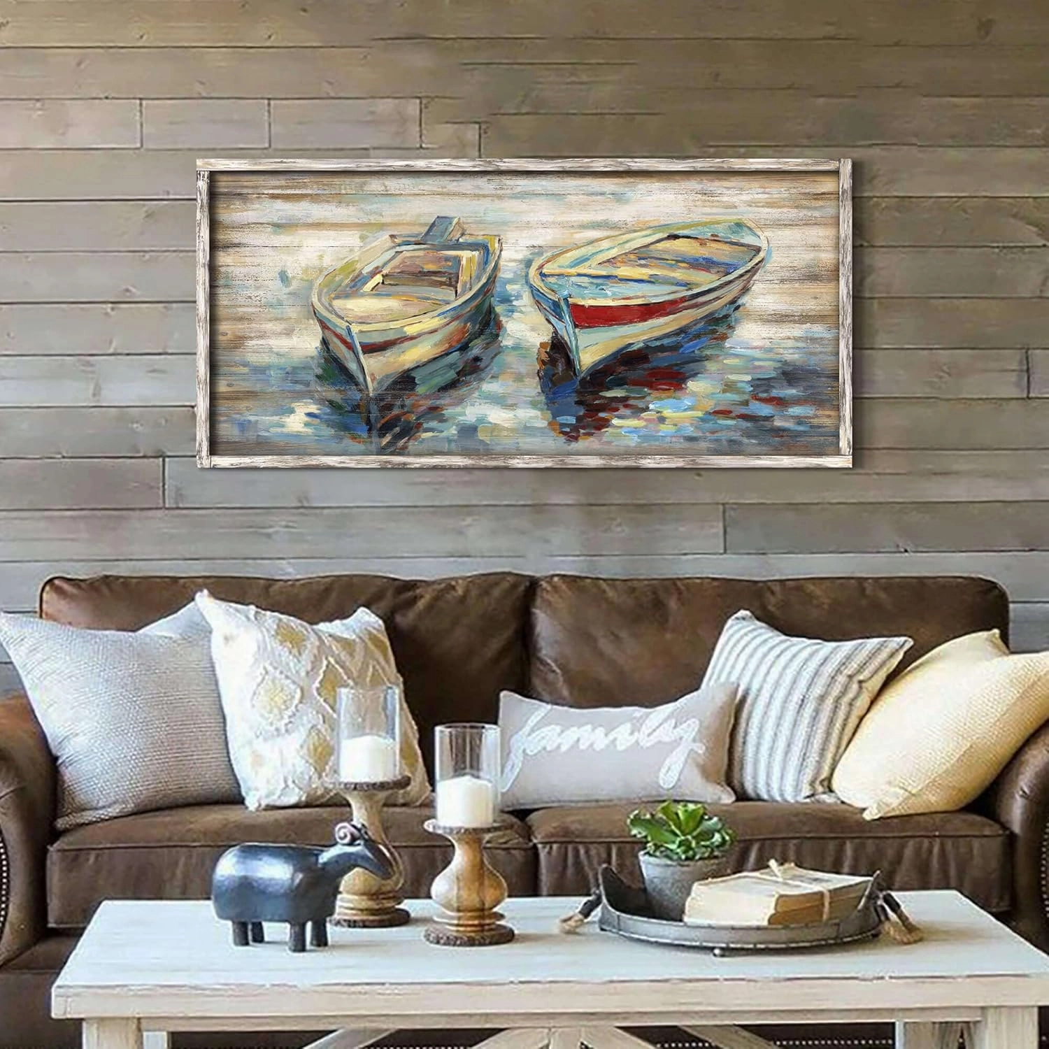 Beach Boats Framed Wall Art: Abstract Canoe Painting Hand Painted Coastal Sailing Boat Wooden Painting Modern Nautical Sail Picture Seaside Rowboat Artwork Decor for Living Room