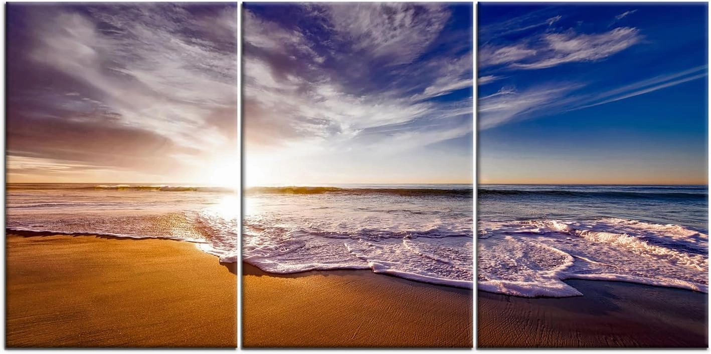 Beach Landscape Canvas Poster Wall Art Home Decor Summer Sunset 3 Pieces Picture Print Seascape Painting Artwork for Bedroom Dining Room Office Wall Decoration Stretched and Framed [48''W X 24''H]