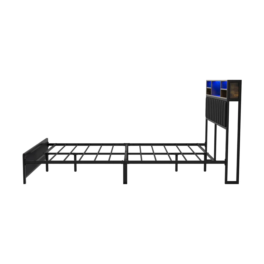Bed Frame Queen Size LED Storage Bedhead Leather Black