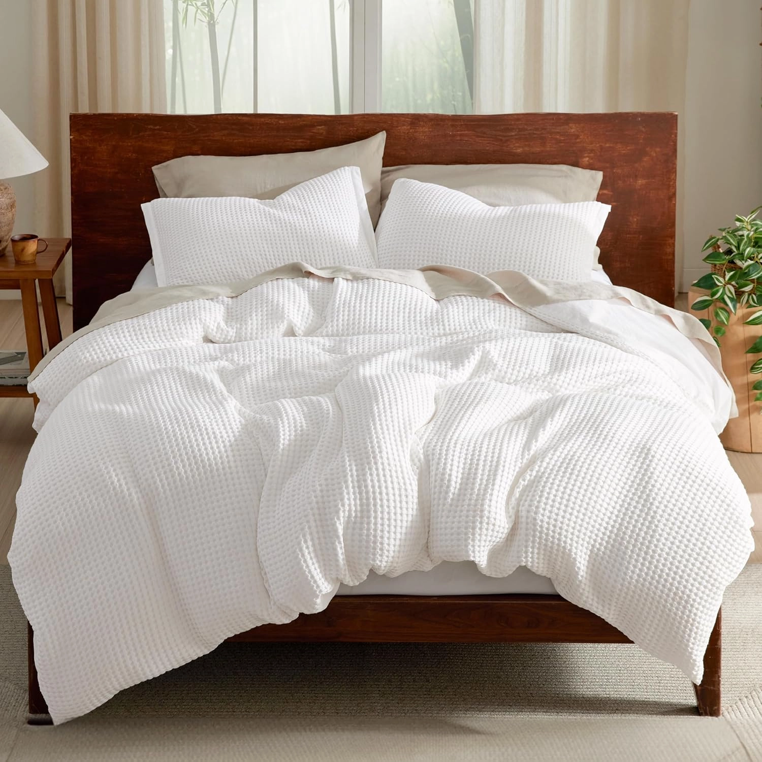 Bedsure Cooling Waffle Duvet Cover King - Cotton Blend Rayon Derived from Bamboo Duvet Cover Set for Hot Sleepers, Breathable Bedding Set With a Vintage Charm, 3 Pieces (Coconut White, King, 104"x90")