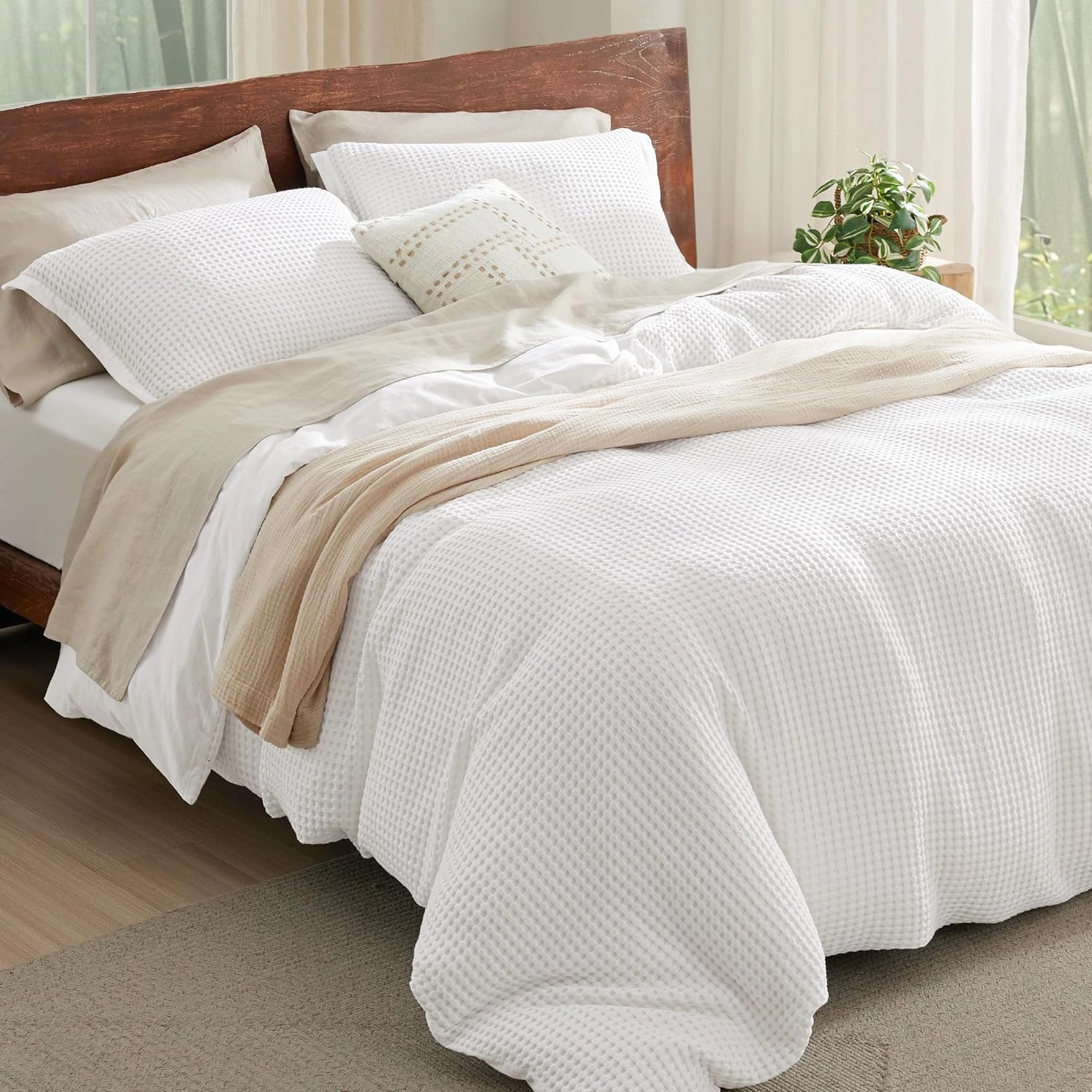 Bedsure Cooling Waffle Duvet Cover King - Cotton Blend Rayon Derived from Bamboo Duvet Cover Set for Hot Sleepers, Breathable Bedding Set With a Vintage Charm, 3 Pieces (Coconut White, King, 104"x90")