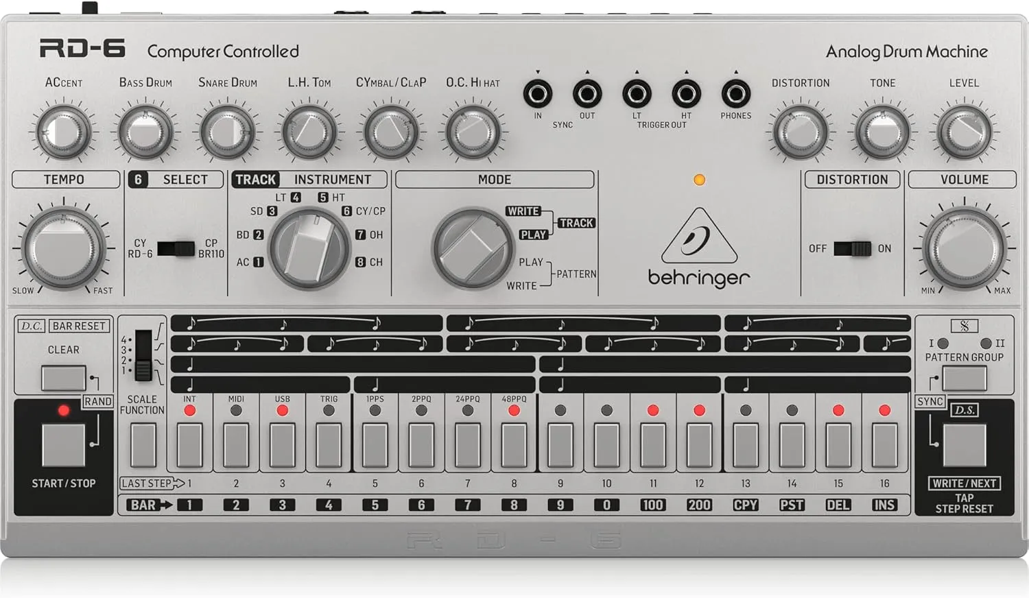 Behringer RHYTHM DESIGNER RD-6-SR Analog Drum Machine with 8 Drum Sounds, 64 Step Sequencer and Distortion Effects