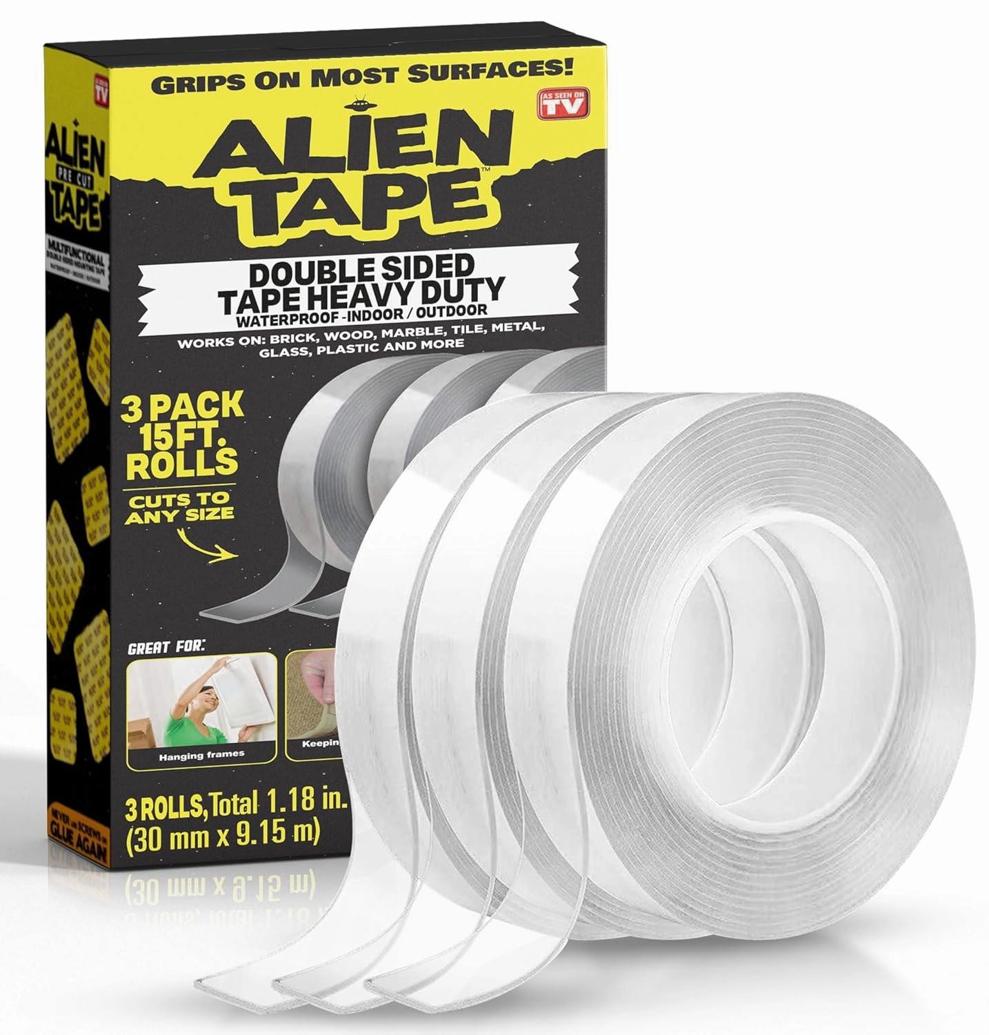 Bell Howell Alientape Nano Double Sided Tape 5 feet, Multipurpose Removable Adhesive Transparent Grip Mounting Tape Washable Strong Sticky Heavy Duty for Carpet Photo Frame Poster Décor As Seen On TV