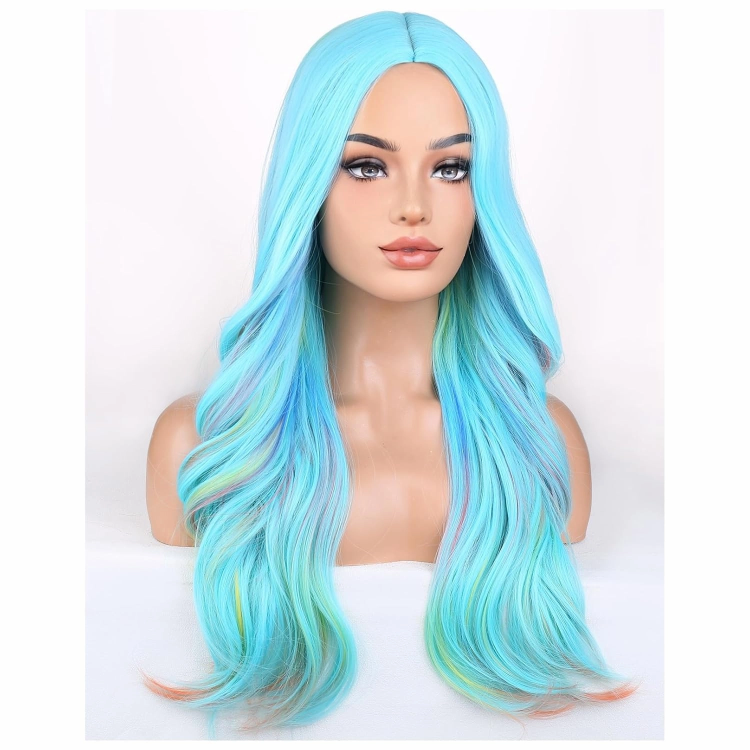 BERON Blue Mixed Colorful Wigs Long Wavy Wig for Women Girls Middle Part Heat Resistant Synthetic Hair Wigs for Cosplay Party Daily or Use