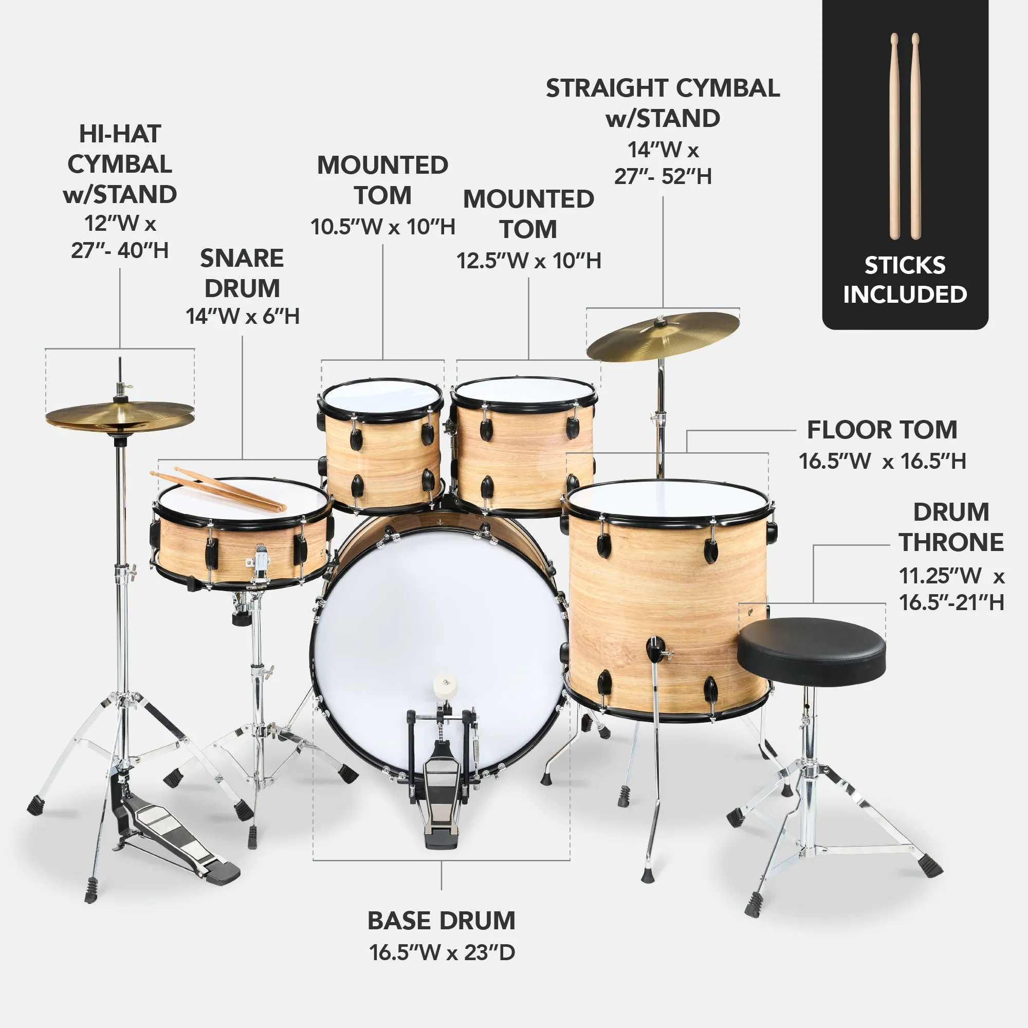Best Choice Products 5-Piece Beginner Drum Set w/ Snare, Bass, Toms, Cymbal, Hi-Hat, Sticks, Drum Pedal - Natural