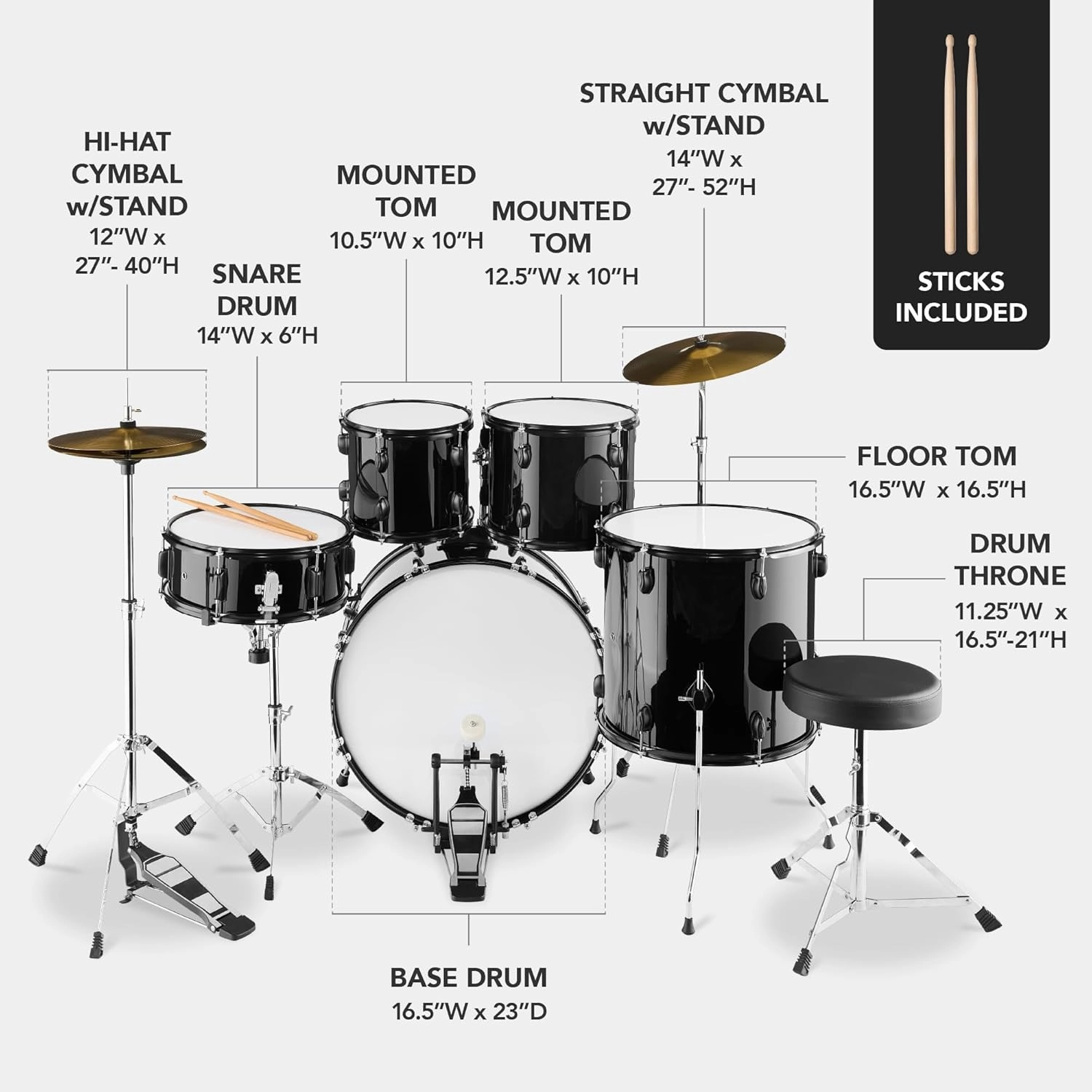 Best Choice Products 5-Piece Full Size Complete Adult Drum Set w/Cymbal Stands, Stool, Drum Pedal, Sticks, Floor Tom - Black