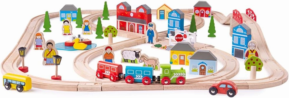 Bigjigs Rail Wooden Town and Country Train Play Set with Accessories