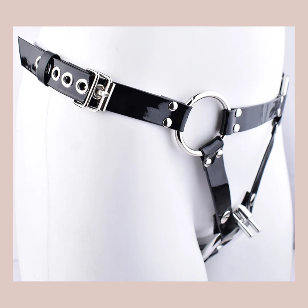 Black Patent PU Chastity Cage Belt