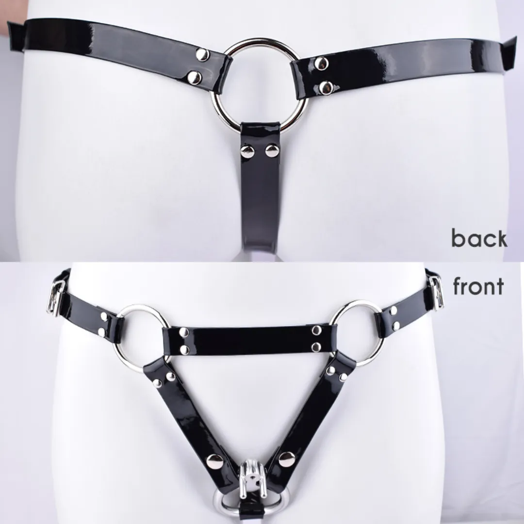 Black Patent PU Chastity Cage Belt