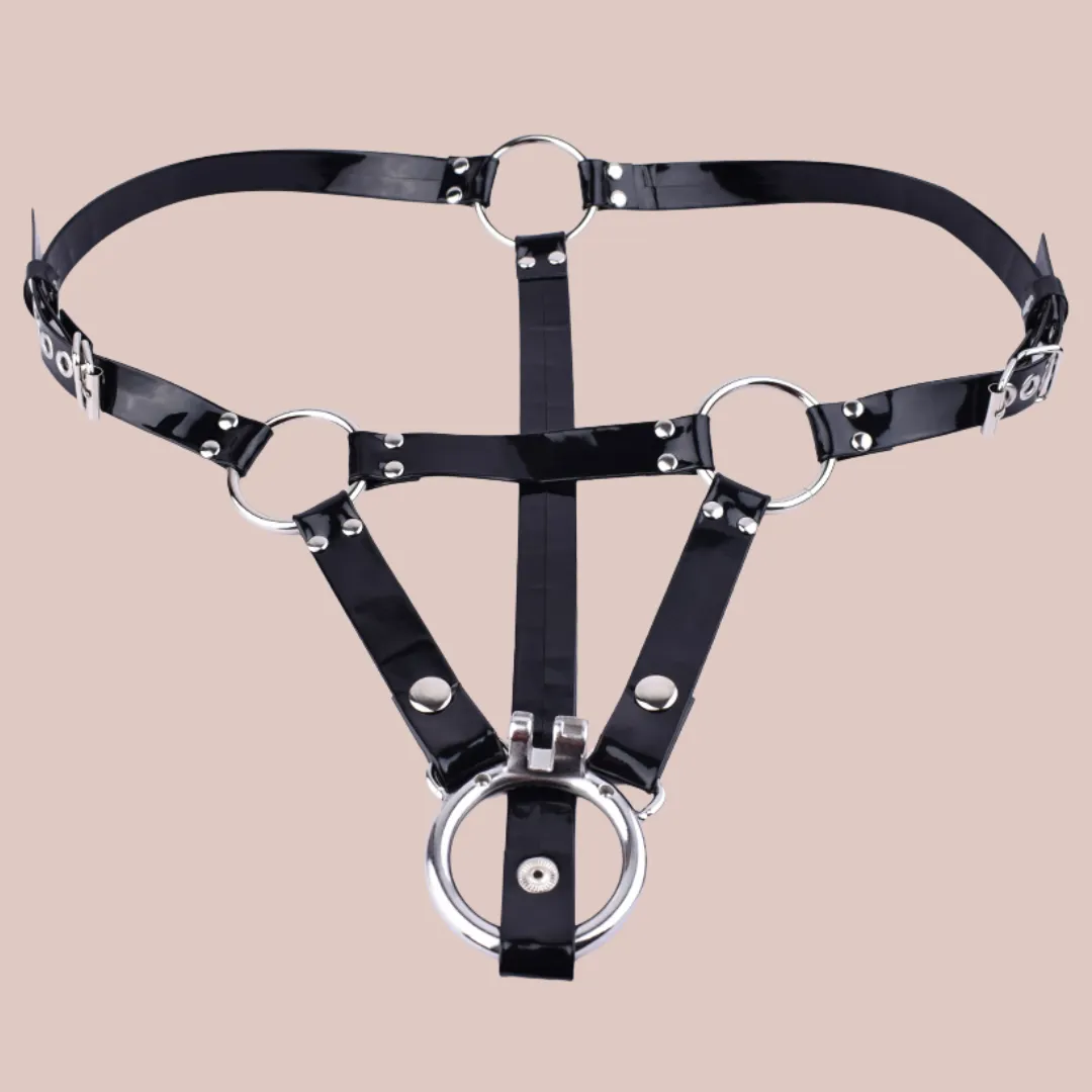 Black Patent PU Chastity Cage Belt