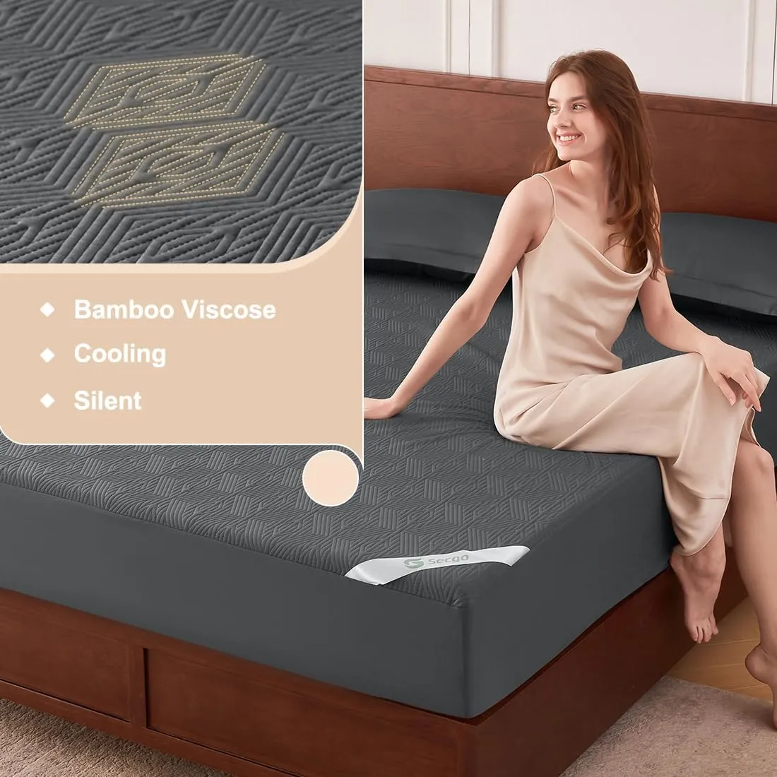 Black Premium Cooling 100% Waterproof Queen Mattress Protector, Noiseless, Anti - Slip, Breathable Bed Cover, Rayon from Bambo, Quilted, Mattress Pad Sheet, Deep Pocket 8"-21"