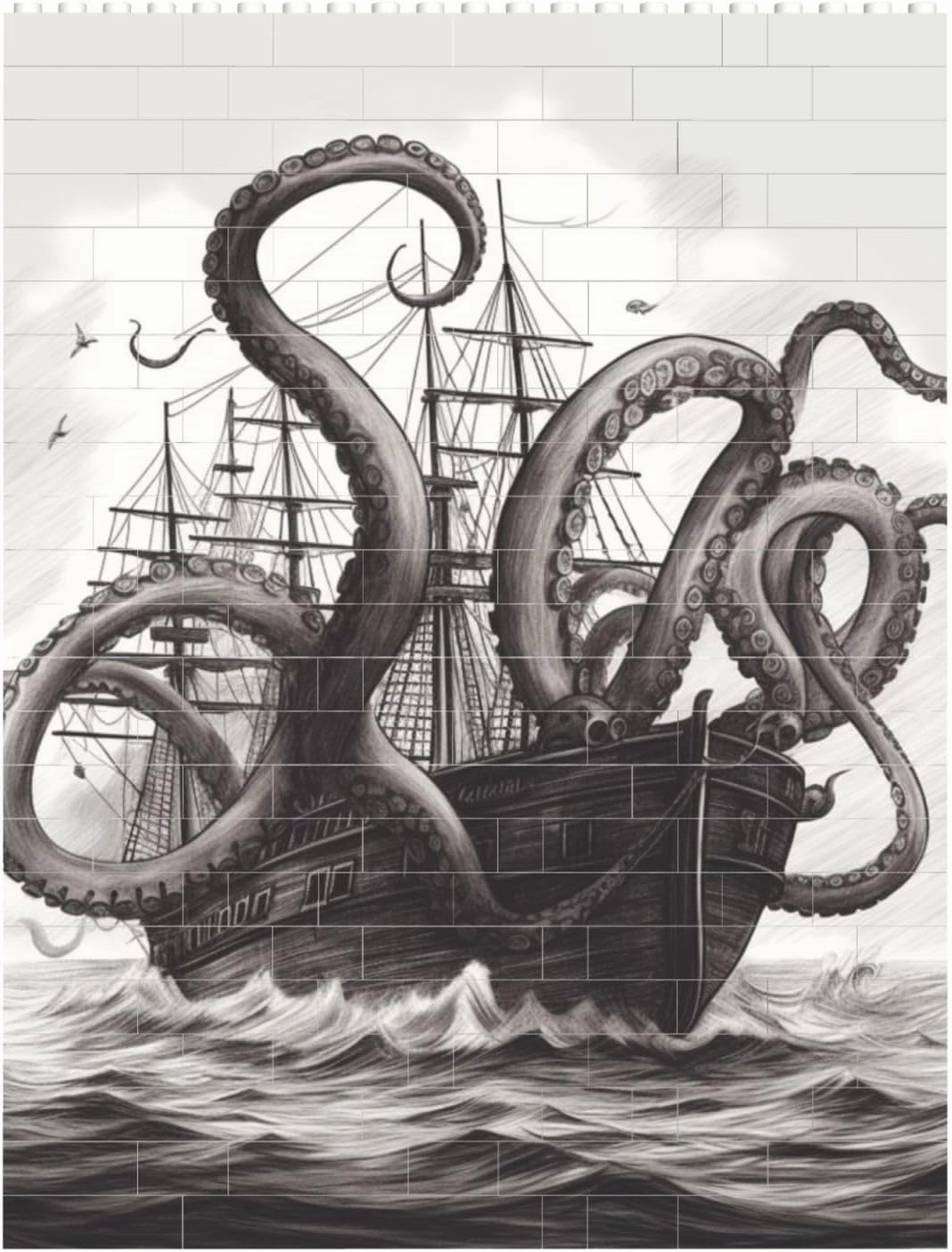Black and White Octopus and Ship Building Block Puzzle Personalized Building Bricks for Adults Square Shaped DIY Brick Block Puzzles Valentine's Day Gifts for Home Decor Brick Puzzle