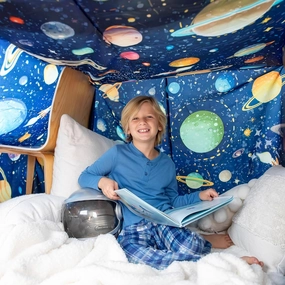 Blanket Fort Building Kit, X-Large 10' x 10' with Clips, Hooks and Sandbags, Play Blanket Fort Indoor Kit, Use as a Canopy, Play Stage Background - Space
