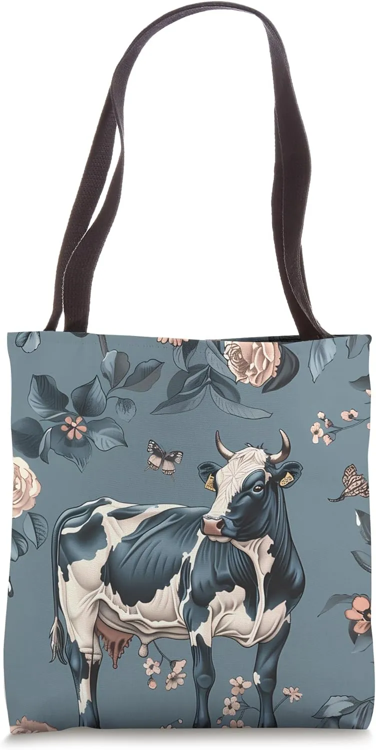 Blue Classic Floral Cows Ranch Pasture Rustic Farm Art Tote Bag