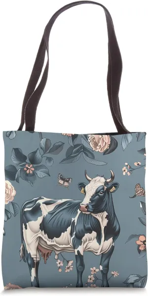 Blue Classic Floral Cows Ranch Pasture Rustic Farm Art Tote Bag
