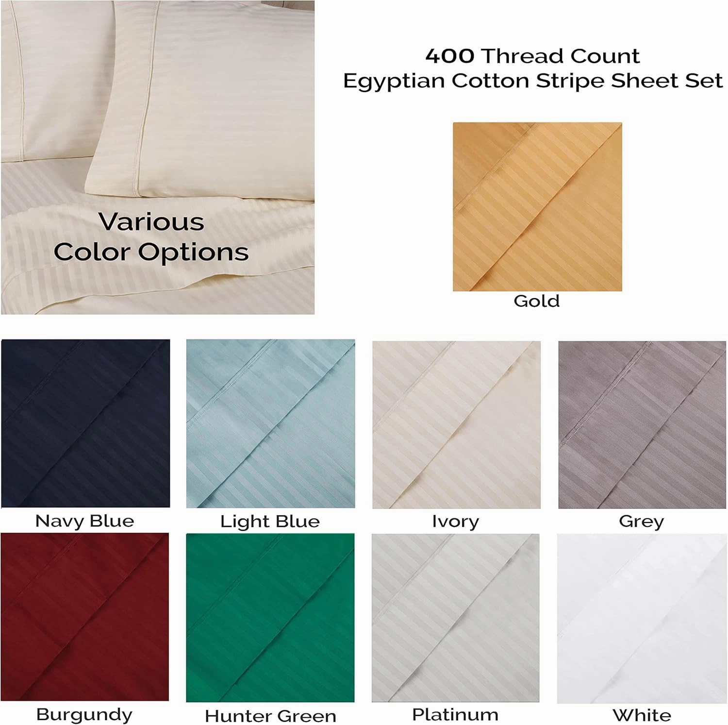 Blue Nile Mills 400 Thread Count Egyptian Cotton Stripe Sheet Set, Classic Bedding Decor, Includes 1 Elastic Deep Pocket Fitted Bed Sheet, 1 Flat Sheet, 2 Pillowcases, California King, White
