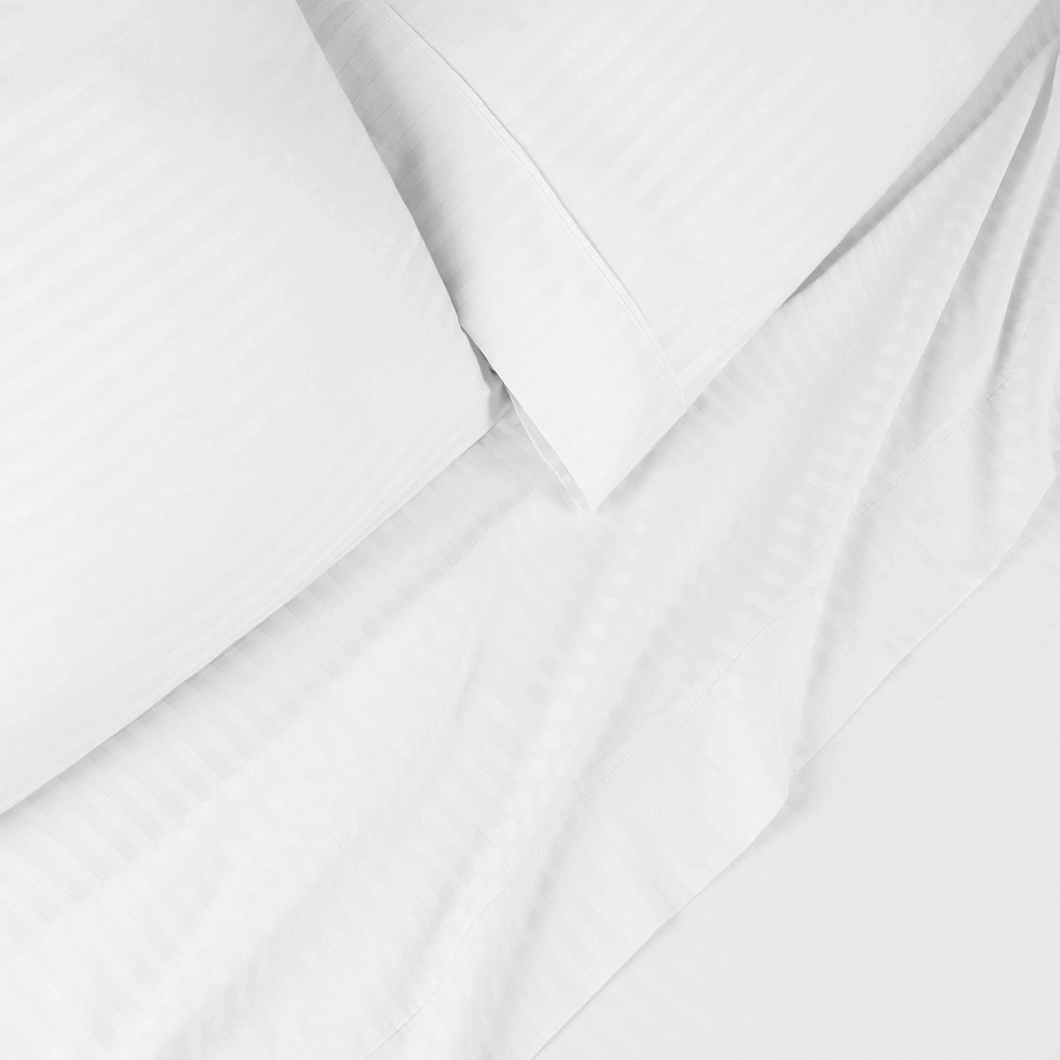 Blue Nile Mills 400 Thread Count Egyptian Cotton Stripe Sheet Set, Classic Bedding Decor, Includes 1 Elastic Deep Pocket Fitted Bed Sheet, 1 Flat Sheet, 2 Pillowcases, California King, White