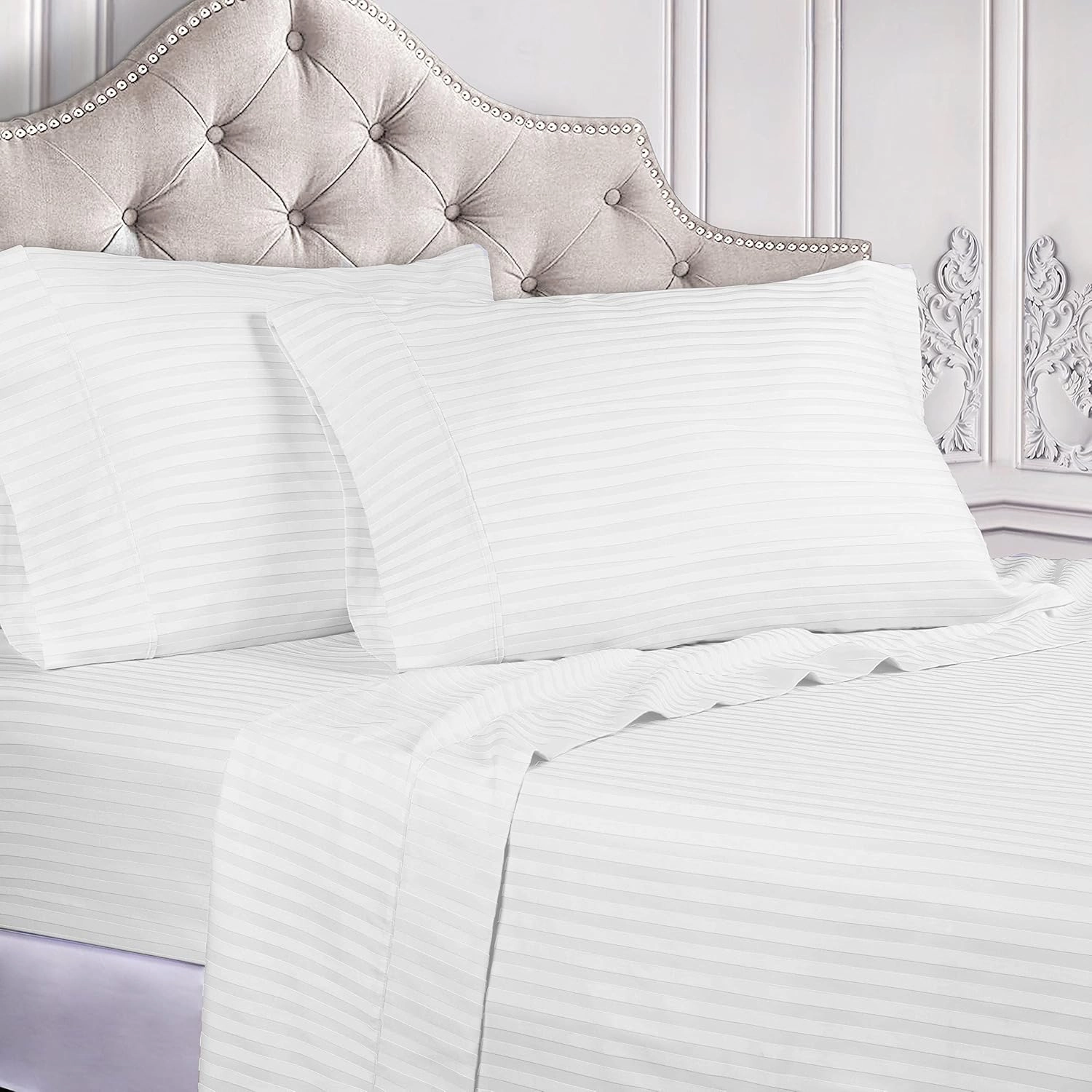 Blue Nile Mills 400 Thread Count Egyptian Cotton Stripe Sheet Set, Classic Bedding Decor, Includes 1 Elastic Deep Pocket Fitted Bed Sheet, 1 Flat Sheet, 2 Pillowcases, California King, White