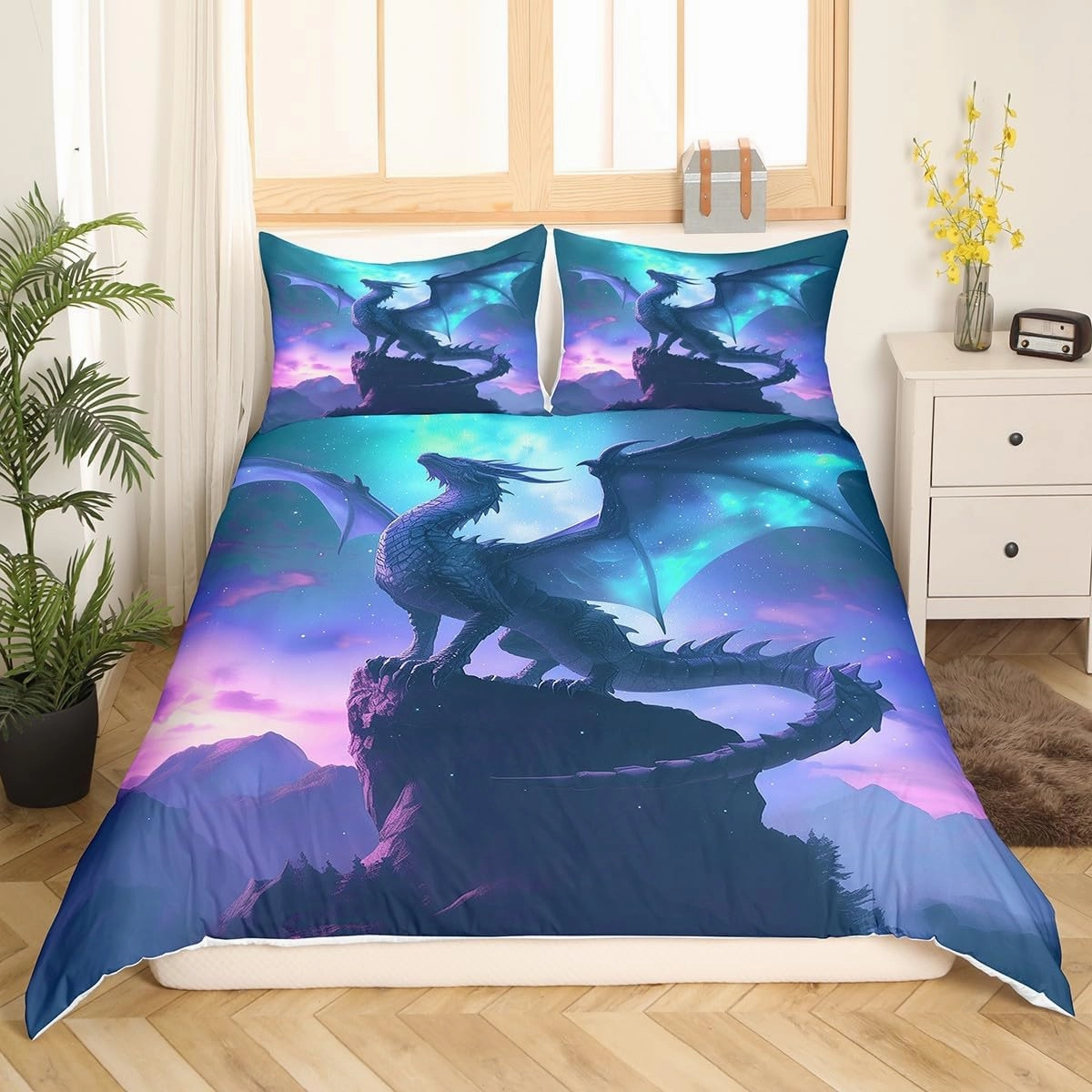 Blue Purple Nebula Galaxy Bedding Set Kids Boys Girls Room Decor,Dragon Duvet Cover Set Twin Size,Mountain Wildlife Nature Comforter Cover 2Pcs,Western Magical Dragon Bedspreads Cover,1 Pillowcase
