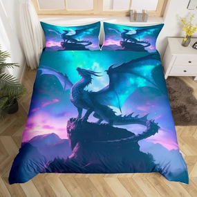Blue Purple Nebula Galaxy Bedding Set Kids Boys Girls Room Decor,Dragon Duvet Cover Set Twin Size,Mountain Wildlife Nature Comforter Cover 2Pcs,Western Magical Dragon Bedspreads Cover,1 Pillowcase