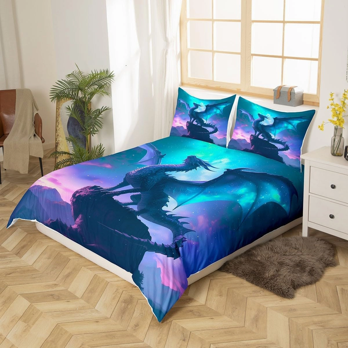 Blue Purple Nebula Galaxy Bedding Set Kids Boys Girls Room Decor,Dragon Duvet Cover Set Twin Size,Mountain Wildlife Nature Comforter Cover 2Pcs,Western Magical Dragon Bedspreads Cover,1 Pillowcase