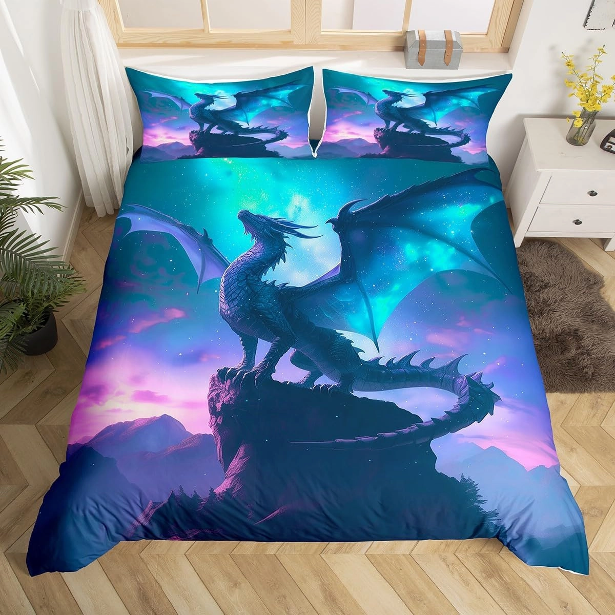 Blue Purple Nebula Galaxy Bedding Set Kids Boys Girls Room Decor,Dragon Duvet Cover Set Twin Size,Mountain Wildlife Nature Comforter Cover 2Pcs,Western Magical Dragon Bedspreads Cover,1 Pillowcase