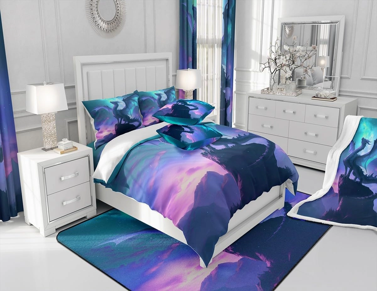 Blue Purple Nebula Galaxy Bedding Set Kids Boys Girls Room Decor,Dragon Duvet Cover Set Twin Size,Mountain Wildlife Nature Comforter Cover 2Pcs,Western Magical Dragon Bedspreads Cover,1 Pillowcase