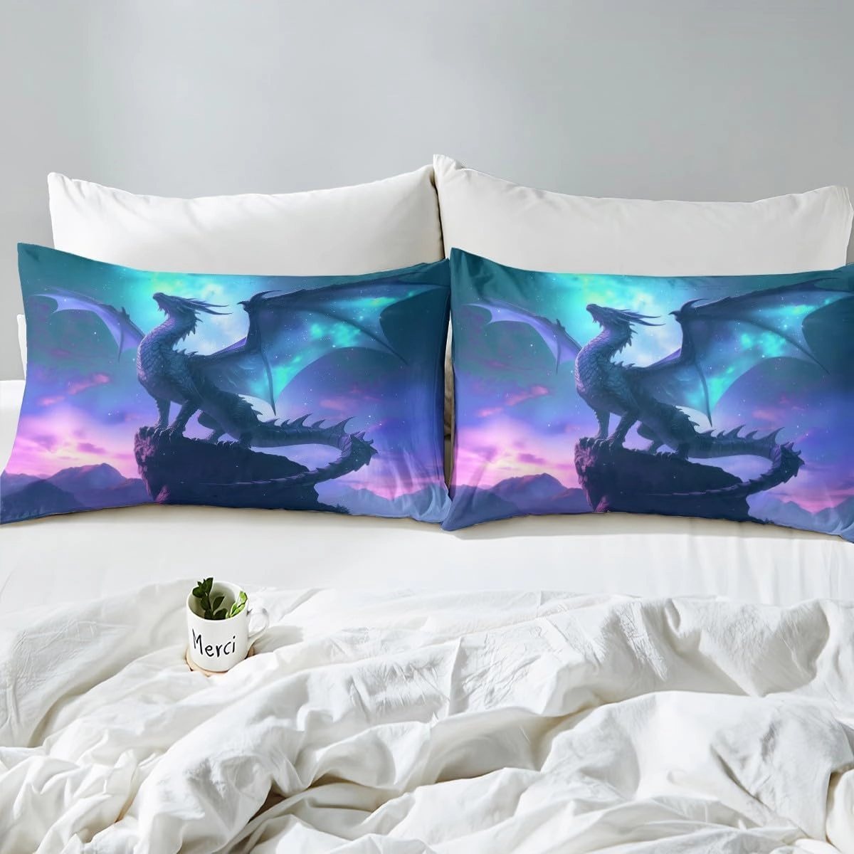 Blue Purple Nebula Galaxy Bedding Set Kids Boys Girls Room Decor,Dragon Duvet Cover Set Twin Size,Mountain Wildlife Nature Comforter Cover 2Pcs,Western Magical Dragon Bedspreads Cover,1 Pillowcase