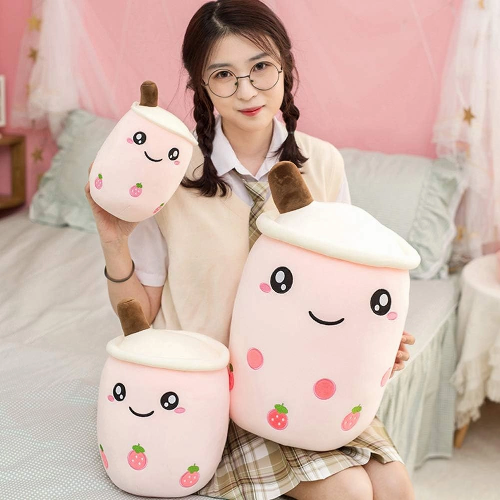 Boba Plushie, 13.7 in Boba Plush Pillow Toy Hugging Pillow Gifts (Pink Strawberry)