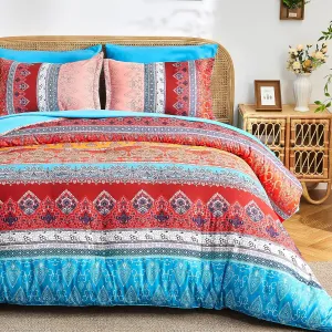 Boho Comforter Set Queen - 7 Pieces Bed in a Bag, Bohemian Striped Comforter Set with Sheets, Soft Microfiber Colorful Floral Bedding Set for All Season