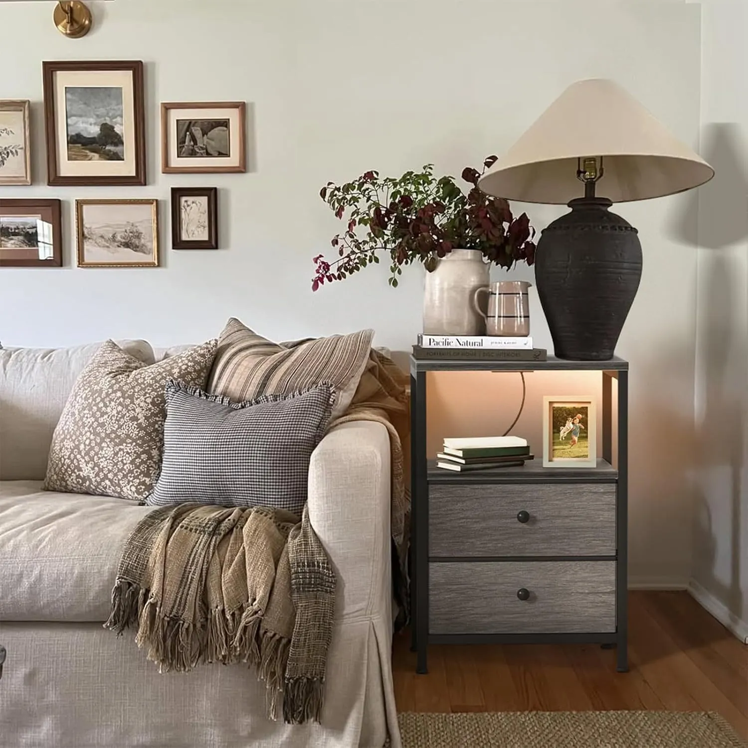 BOLUO Grey Nightstands Set of 2, Bedroom Night Stand Set Two Nightstand with Charging Station and LED Light, Bedside Table with 2 Fabric Drawers Grey
