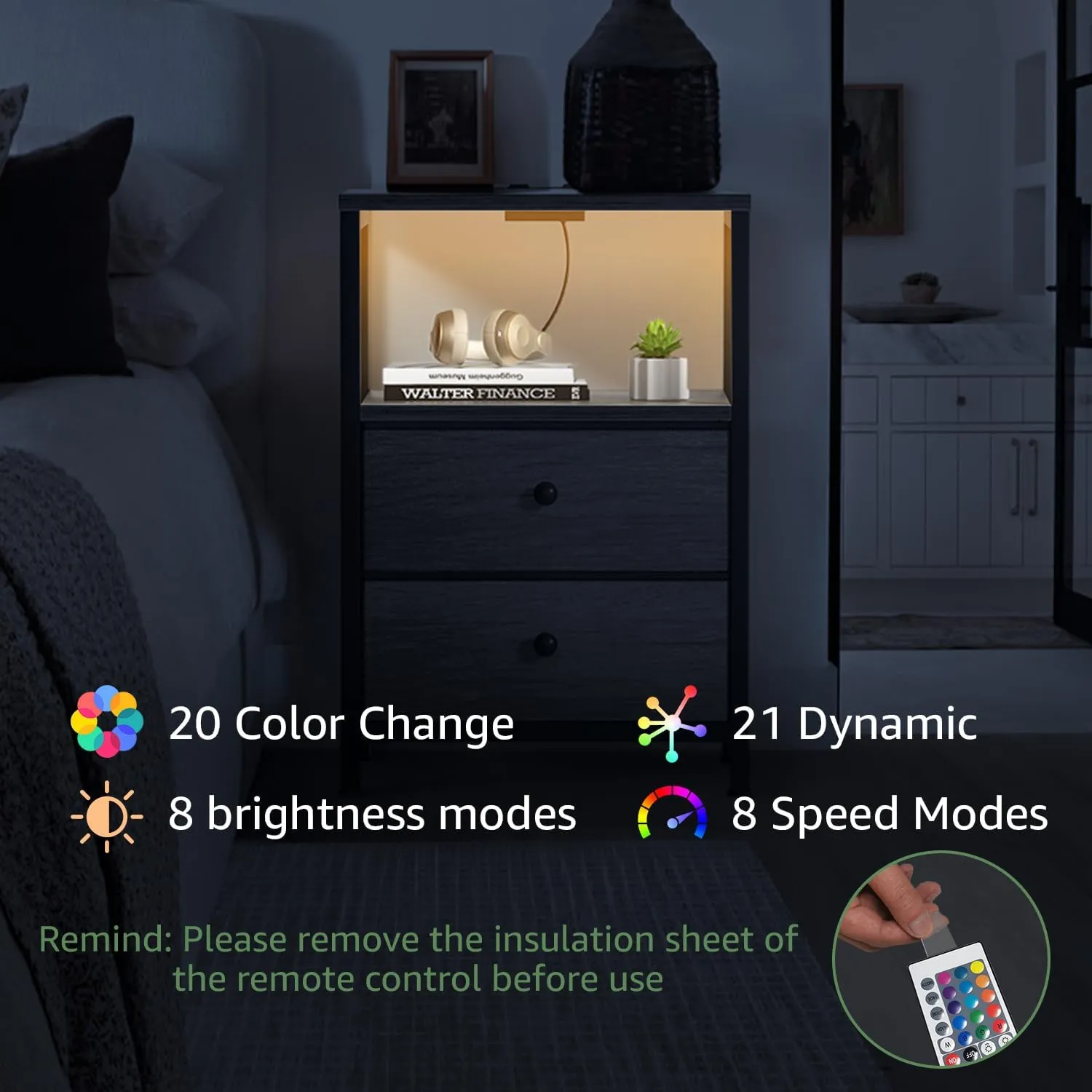 BOLUO Grey Nightstands Set of 2, Bedroom Night Stand Set Two Nightstand with Charging Station and LED Light, Bedside Table with 2 Fabric Drawers Grey