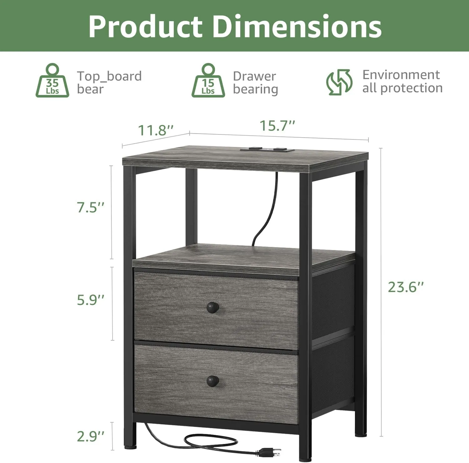 BOLUO Grey Nightstands Set of 2, Bedroom Night Stand Set Two Nightstand with Charging Station and LED Light, Bedside Table with 2 Fabric Drawers Grey