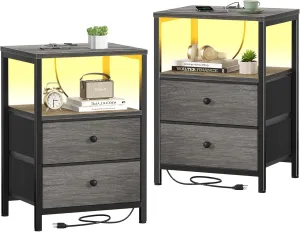 BOLUO Grey Nightstands Set of 2, Bedroom Night Stand Set Two Nightstand with Charging Station and LED Light, Bedside Table with 2 Fabric Drawers Grey